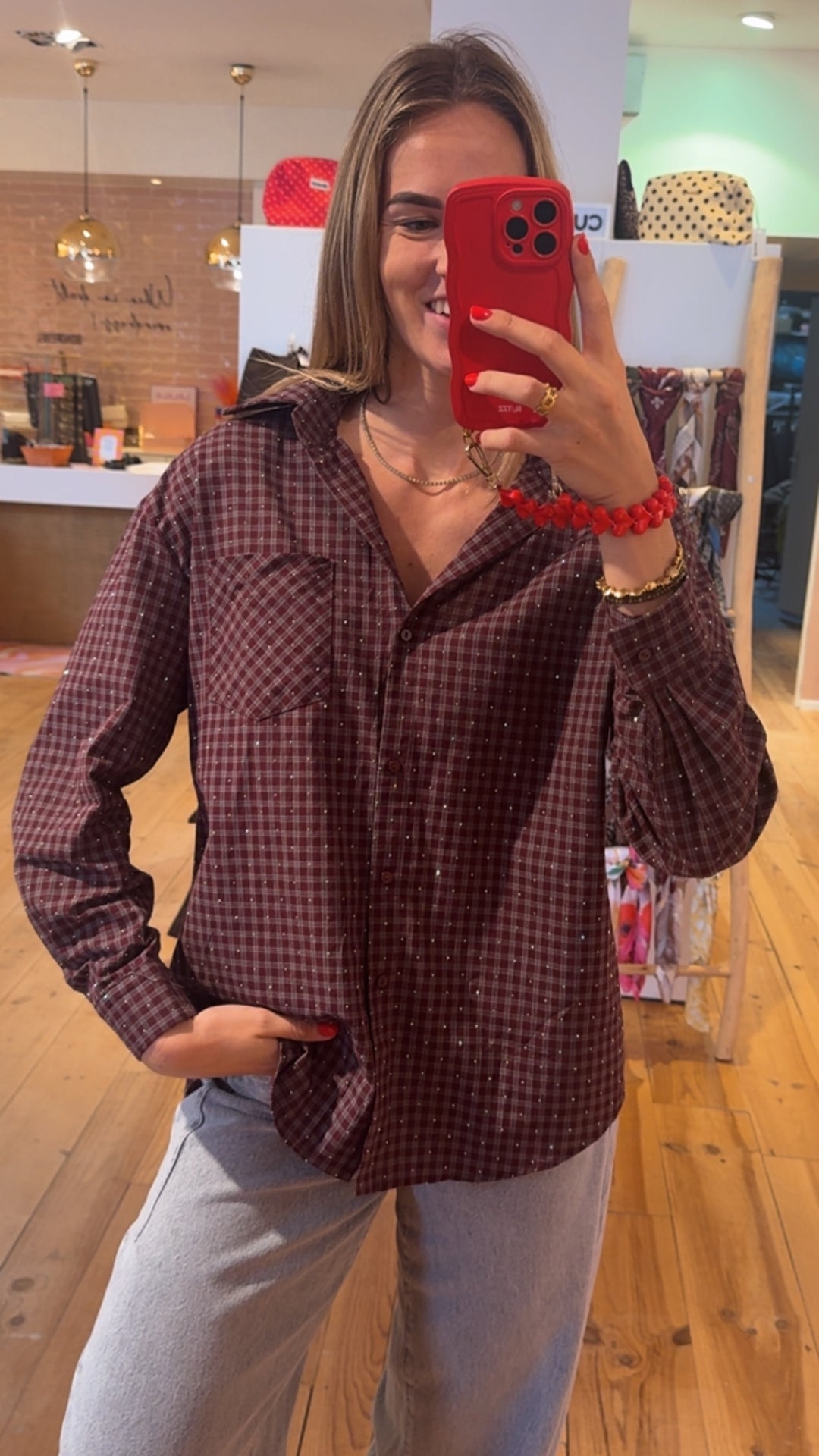 Checked strass blouse - bordeaux