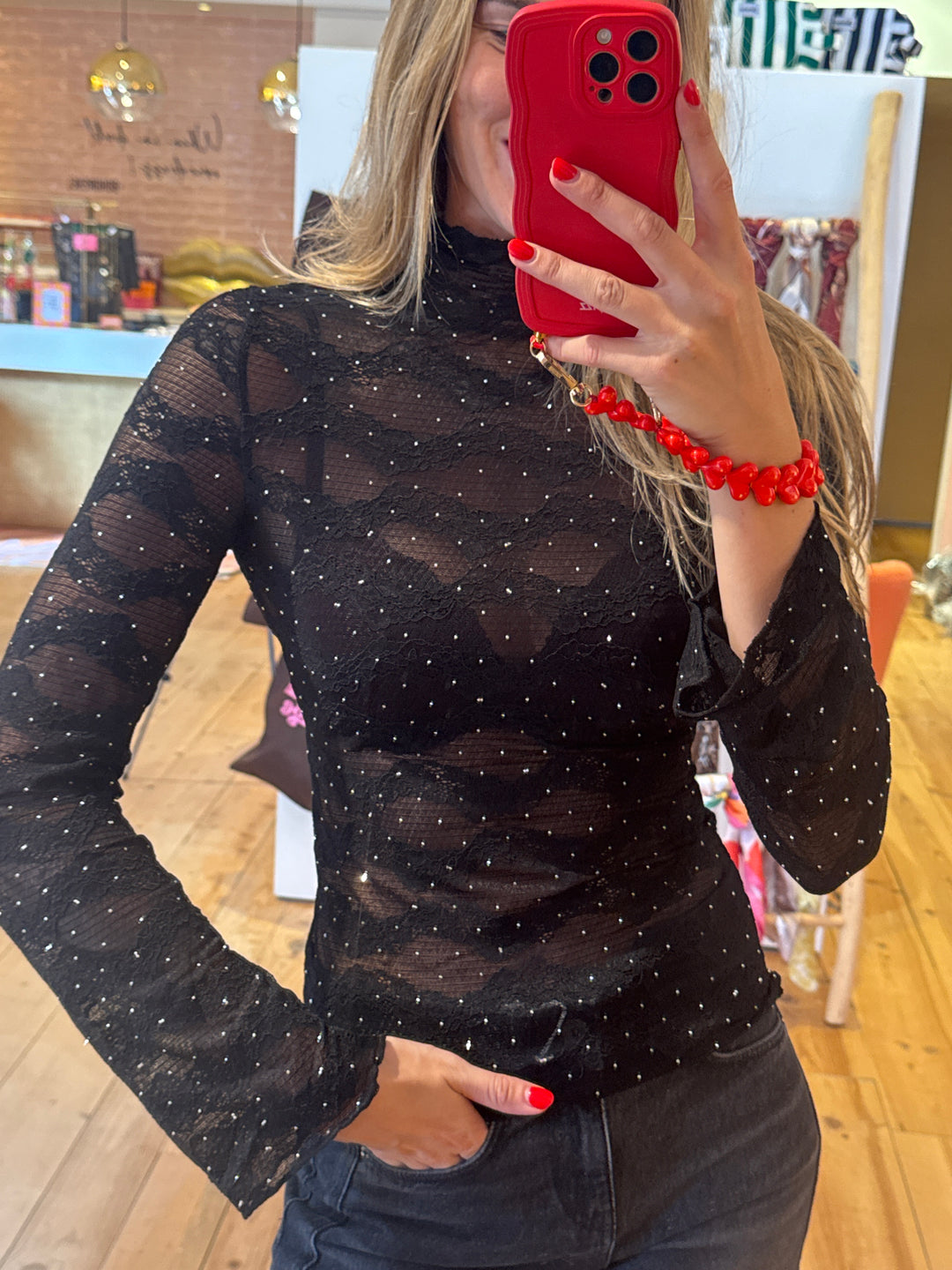 Lace top strass - zwart