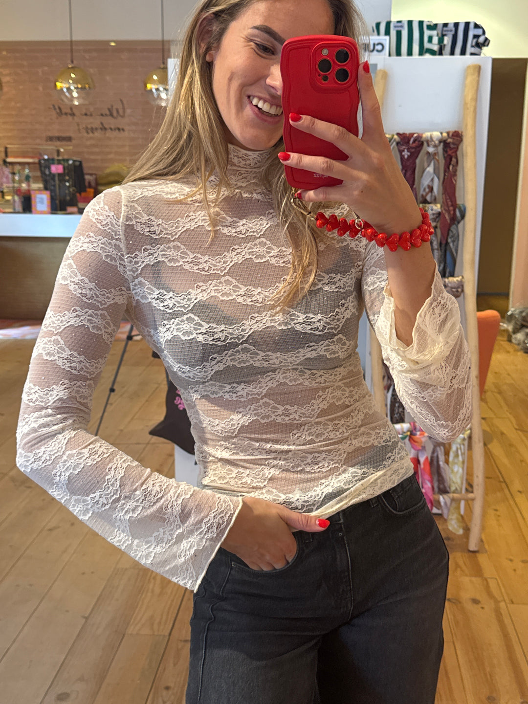 Lace top strass - cream